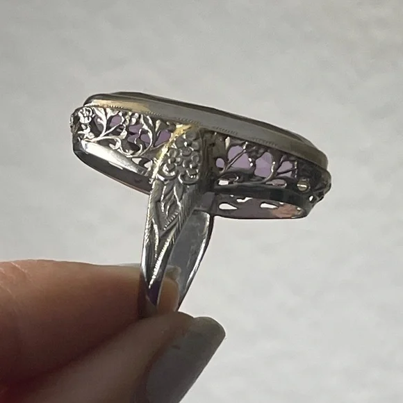 ANTIQUE 18K WHITE GOLD FILIGREE RING with FINE NATURAL  AMETHYST,ART DECO,1920's - Picture 5 of 9